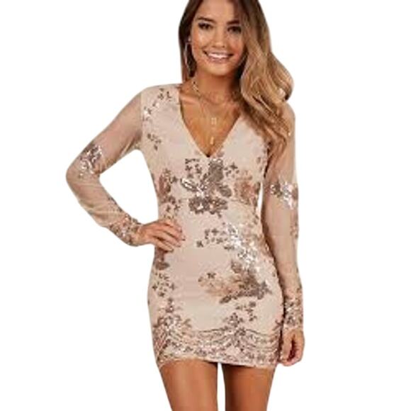 showpo Dresses & Skirts - Gorgeous Showpo Long Sleeve Champagne Sequin Mini dress Women's Size S